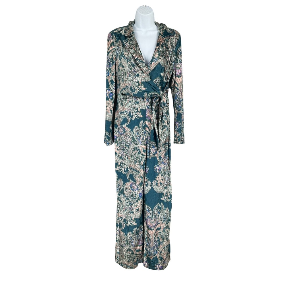 Free People Paisley Wrap Jumpsuit Womens S Velvet Teal Green Knit Wide Leg Boho